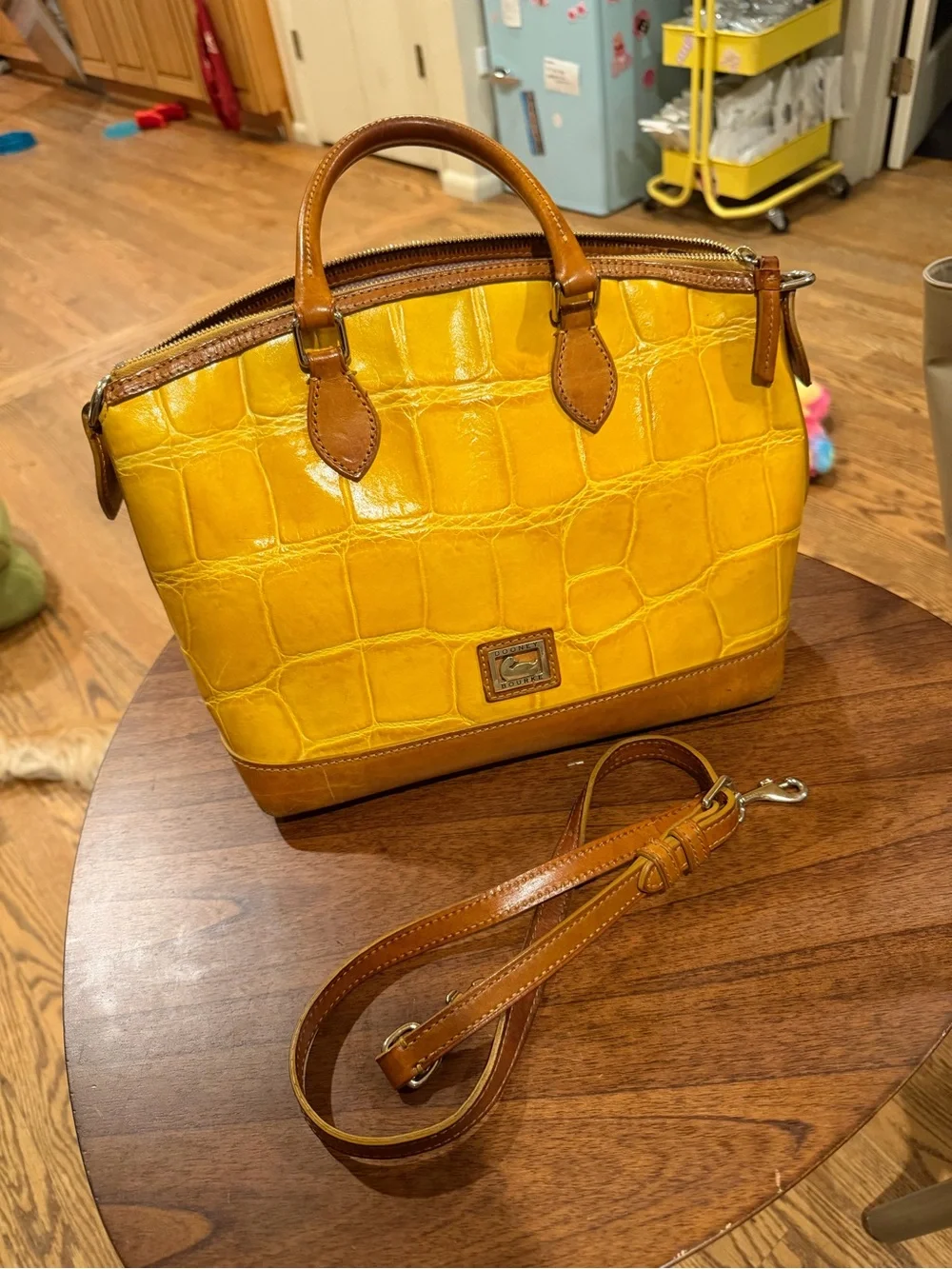 Dooney & Bourke Yellow Croc-Embossed Satchel with Tan Trim